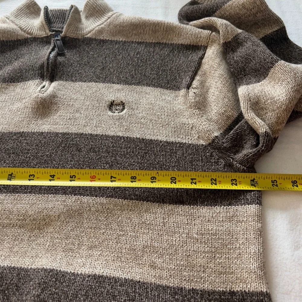 Chaps Mens XXL Brown Tan Striped 1/4 Zip Cotton Knit Mock Neck Sweater Pullover
